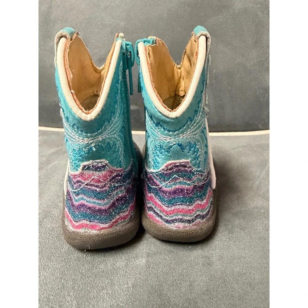 Roper Infant Girls Turquoise Pink Glitter Chevron Western Cowboy Boots Size 1